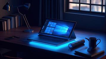 Luminous Notebook Computer or Laptop with Default Desktop on Workplace, Created By Technology. photo