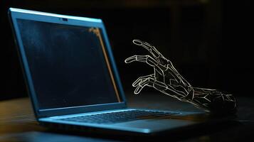 Robotic Hand Using Blue Laptop on Desk Illustration, Dark Background. Technology. photo