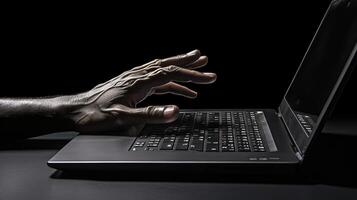 Closeup of Male Hand Using Laptop on Desk Illustration, Dark Background. . photo