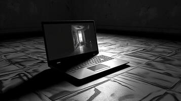 un grabación habitación vídeo en negro ordenador portátil pantalla a oscuro antecedentes. generativo ai. foto