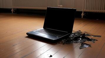 Unbreakable Candid Mockup of Black Laptop on Wooden Background. Advanced Technology Digital Device Created By . photo