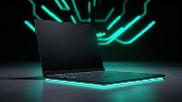 Black Notebook Computer or Laptop and Green Glowing Abstract Neon in Background, Created By Technology. photo