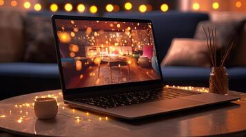 Stunning Photography of Defocused Lighting Interior in Laptop Screen on Desk, Technology. photo