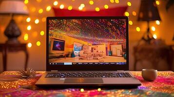 Stunning Photography, Interior Decoration Ideas Representing in Laptop Screen for Festival or Wedding Ceremony. Technology. photo