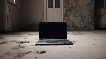 A Black Open Laptop on Abandoned Room Floor. . photo