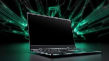 Black Notebook Computer or Laptop and Green Glowing Abstract Neon in Background, Created By Technology. photo