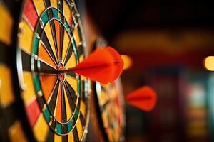 A Glowing Dart Board and Arrow in Middle. Achievement and Target Theme Created By Technology. photo