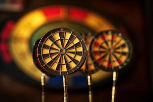 Closeup Colorful Dartboard Stand with Roulette Wheel At Shiny Background. Gaming Created By Technology. photo