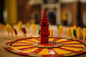 Close Up Shot Red and Golden Darts Arrows Surrounding Dartboard Center. Achievement and Target Theme Created by Technology. photo