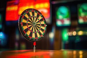 Closeup Colorful Dartboard Stand at Shiny Gaming Space, Created By . photo