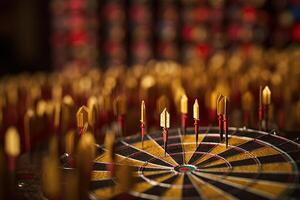 Close Up Shot Red and Golden Darts Arrows Surrounding Dartboard Center. Achievement and Target Theme Created by Technology. photo