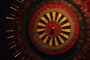 Closeup View of Glowing Roulette Wheel for Gambling or Risky Game. . photo