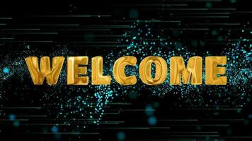 Text WELCOME golden 3d digital technology animated on blue particle background video