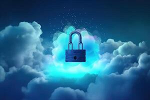 A Glowing Virtual Blue Lock Representing Secure to Sensitive Data Features of Cloud Created with . photo