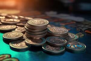 Pile of Silver Coins in Finance Treasury Deposit Bank Account for Savings, Concept of Business Economy and Financial Growth. . photo