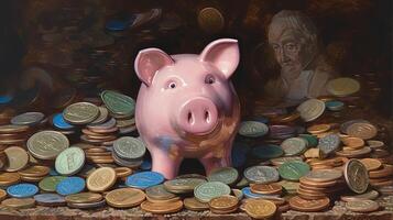 A Clay Model of Cute Piggy on Ancient Coins Heap against History Man Painting Background. Generative AI. photo