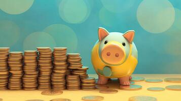 A Cute Ceramic Piggy with Stack of Golden Coins against Turquoise and Yellow Circles Background. . photo