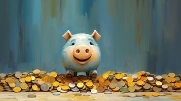 A Painted Piggy Bank on Mixed Coins Heap Illustration. Saving Money or Finance for a Secure Future. . photo