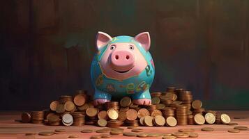 A Cute Piggy Bank on Golden Coins Heap against Painted Background. . photo