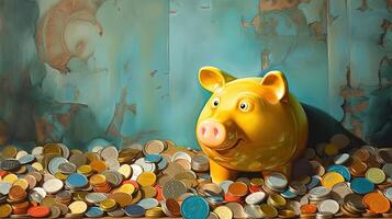 A Yellow Piggy Bank on Mixed Coins Heap against Rustic Wall. Saving Money or Finance for the Secure Future. . photo