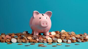 A Piggy Bank on Mixed Coins Heap at Turquoise Background. Saving Money or Finance for the Secure Future. . photo