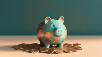A Ceramic Piggy Bank with Golden USA Coins on Brown and Blue Background. . photo
