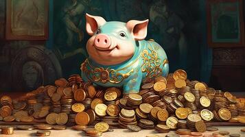 A Blue Chinese Piggy Sits Top of Heap Golden Coins at History People Painting Room. Treasure or Saving Money for Secure Future. . photo