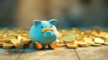 A Blue Piggy Bank Sits Top of Stack Golden Coins Illustration. Saving Money or Finance for a Secure Future. . photo