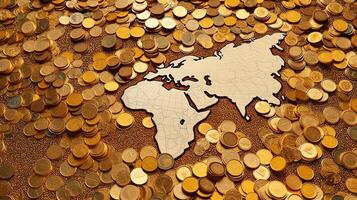 cerca arriba fotografía mundo continentes dinero o Finanzas concepto con dorado monedas cubierta mapa. generativo ai. foto