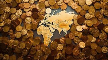 cerca arriba fotografía mundo continentes dinero o Finanzas concepto con dorado monedas cubierta mapa. generativo ai. foto