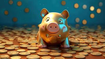 A Cute Piggy Bank with Scattered Golden Coins at Turquoise Background. Treasure or Saving Money for Secure Future. . photo