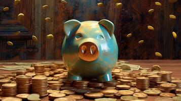 A Blue Ceramic Cute Piggy Bank on Golden Currency Coins Scattered at Shiny Ancient Brown Room. . photo