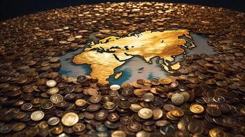 cerca arriba fotografía mundo continentes dinero o Finanzas concepto con dorado monedas cubierta mapa. generativo ai. foto