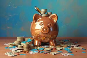 A Brown Ceramic Piggy with Pencil and USA Money Notes, Golden Coins at Painted Background. . photo