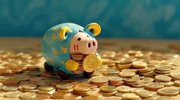 A Full Blue Piggy Bank with Golden Coins Scattered Background. Saving Money or Finance for a Secure Future. . photo