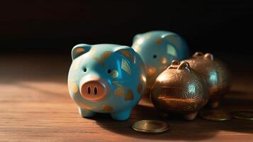 Blue and Golden Piggy Banks with Coins on Shiny Brown Table Top . . photo