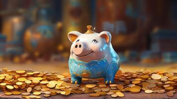 A Piggy Bank with Stack of Golden Coins and Ancient Big Pots at Shiny Treaure Room. Saving Money or Finance for the Secure Future. . photo