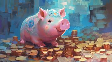 A Cute Piggy Sits Tap of Heap Golden Coins at Glitch Blue Background. . photo