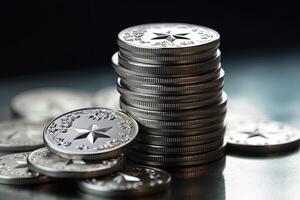 Stack of Silver Star Coins on Background, Concept of Business Economy and Financial Growth. . photo