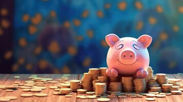 A Piggy Bank on Mixed Coins Heap on Brown and Pastel Blue Background. Saving Money or Finance for a Secure Future. . photo