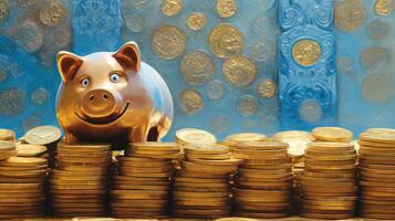 A Cute Golden Piggy Sits Top of Heap Currency Coins at Painted Circles Blue Background. Treasure or Saving Money for Secure Future. . photo