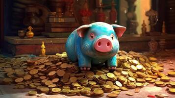 A Cute Blue Piggy on Golden Coins Heap with Ancient Books and Clay Model at Shiny Room. . photo