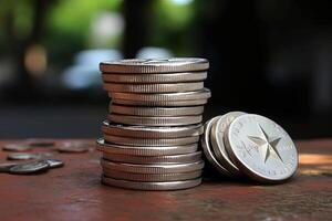 Stack of Silver Star Coins on Background, Concept of Business Economy and Financial Growth. . photo