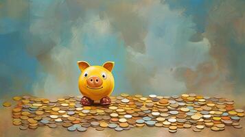 A Yellow Piggy Bank Sits Top of Stack Coins at Painted Background. Saving Money or Finance for a Secure Future. . photo