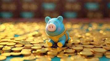 A Blue Cute Piggy Sits Top of Golden Coins Background. Saving Money or Treasure for a Secure Future. . photo