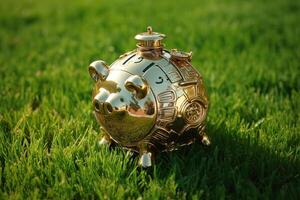 A Golden Piggy Bank on Green Lawn in Sunlight. Saving or Investment on Time In Future. . photo