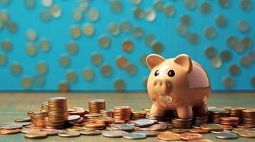 A Cute Piggy Bank on Heap of Golden Coins on Brown and Turquoise Background. . photo