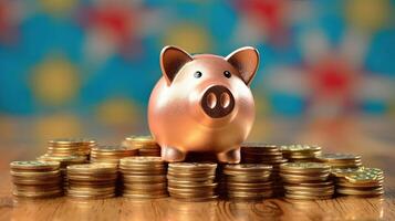 A Cute Piggy Bank on Stack of Golden Coins at Shiny Background. Treasure or Saving Money for Secure Future. . photo