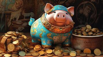 A Cute Blue Piggy Bank with Stack of Golden Jewelry and Coins, Cauldron at Shiny Ancient Cartoon Painting Room. Treasure or Saving Money for Secure Future. . photo