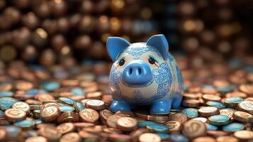 A Cute Chinese Piggy Bank on Blue and Golden Coins Background. Treasure or Saving Money for Secure Future. . photo